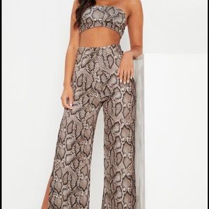 Brown Scuba Snake Print Top & Split Side Pants Set